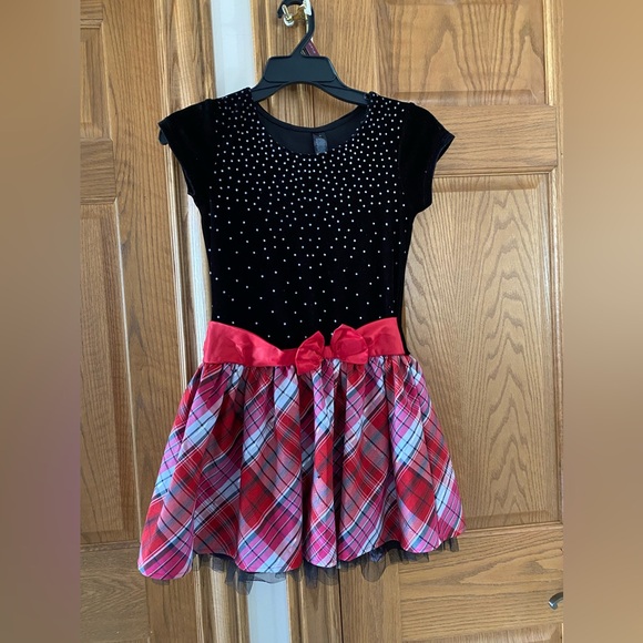 Girls Size 10 George Sparkly Dress with Red Bow and Plaid Skirt Short Sleeves - Picture 3 of 5